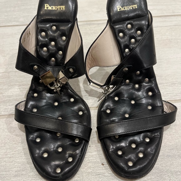 Cesare Paciotti Black Leather 2 Strap Stiletto Heels with Silver Dagger Charm - Picture 9 of 16